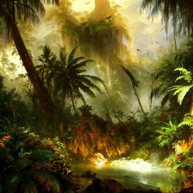 Tropical Jungle with Waterfall, Dense Foliage, Sunlight, and Birds