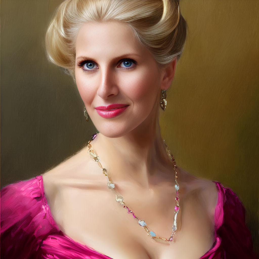 Woman with Elegant Updo, Blue Eyes, Pink Dress & Gold Jewelry