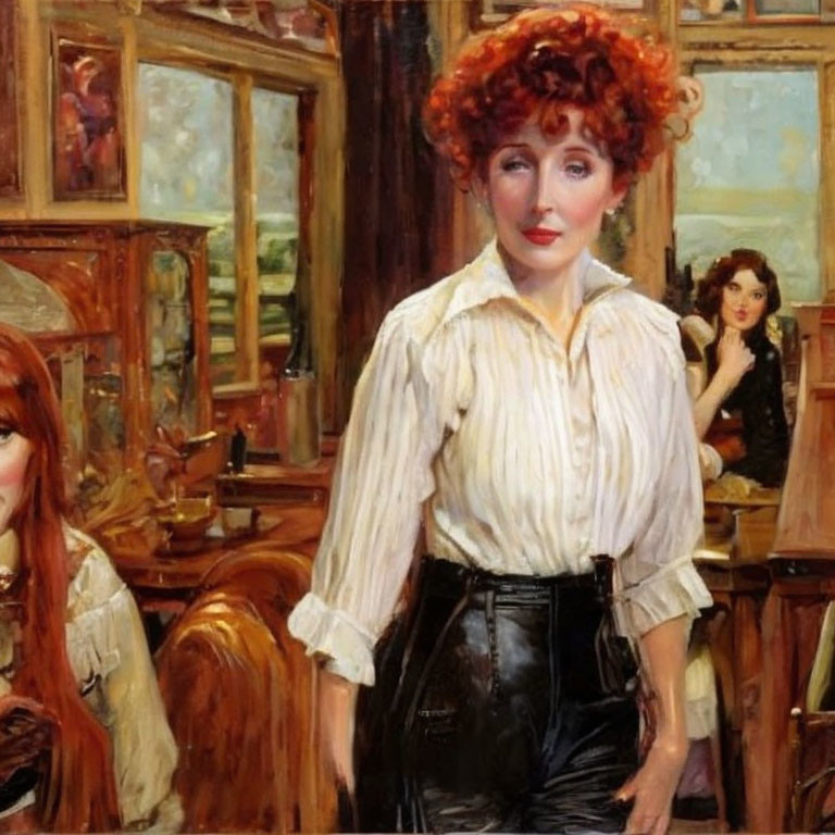 Red-haired woman in white blouse and black pants in art studio with portraits and another woman.