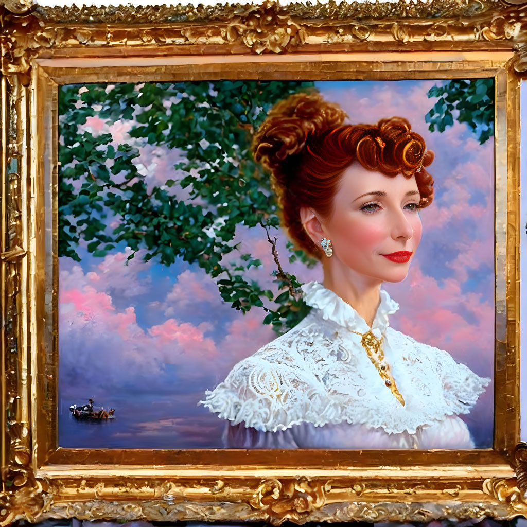 Golden Frame Portrait of Woman in Vintage Attire with Elaborate Hairstyle