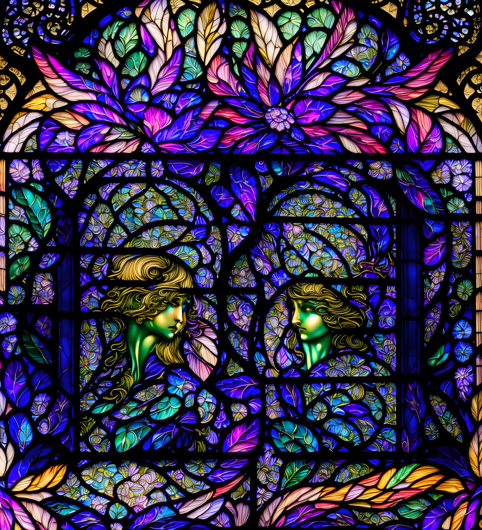 Colorful Flora and Symmetrical Faces in Vibrant Stained Glass