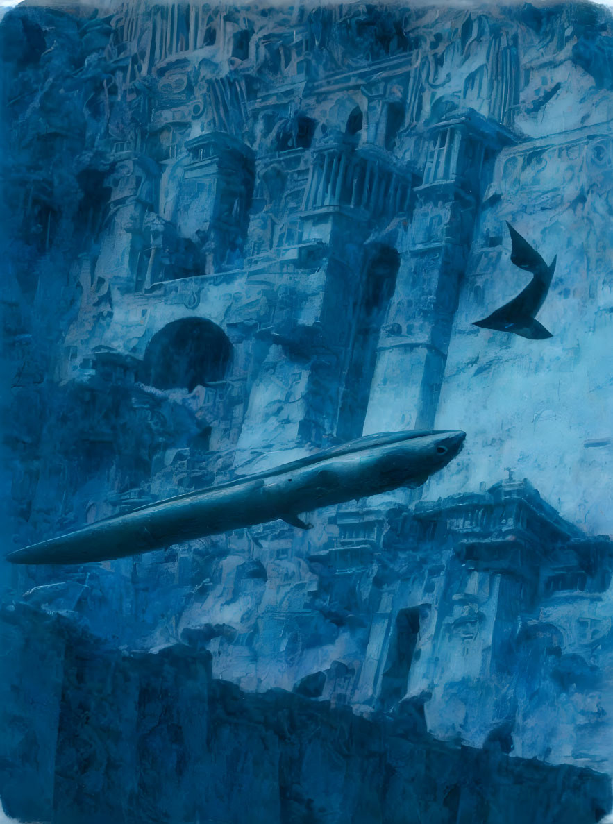 Abstract blue-toned image with submarine-like object and surreal underwater city backdrop.