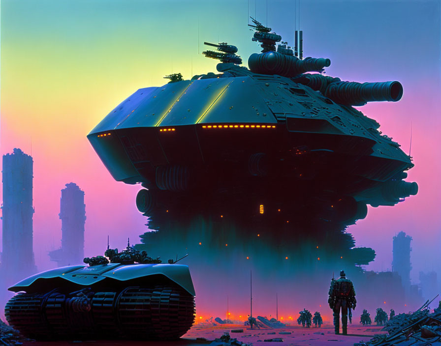 Futuristic tank hovers over ruins with soldiers at twilight