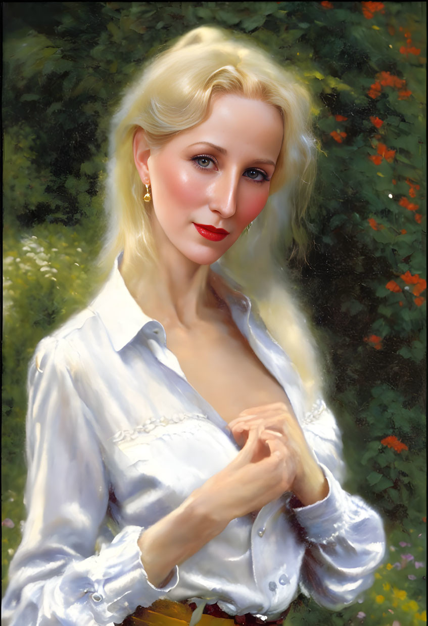 Blonde Woman in White Blouse Against Floral Background