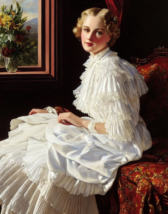 Vintage white dress woman sitting by window in elegant setting