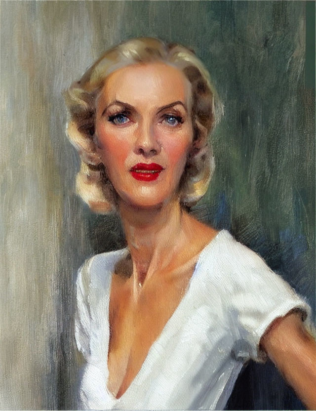 Classical style portrait of woman with blonde hair and red lipstick