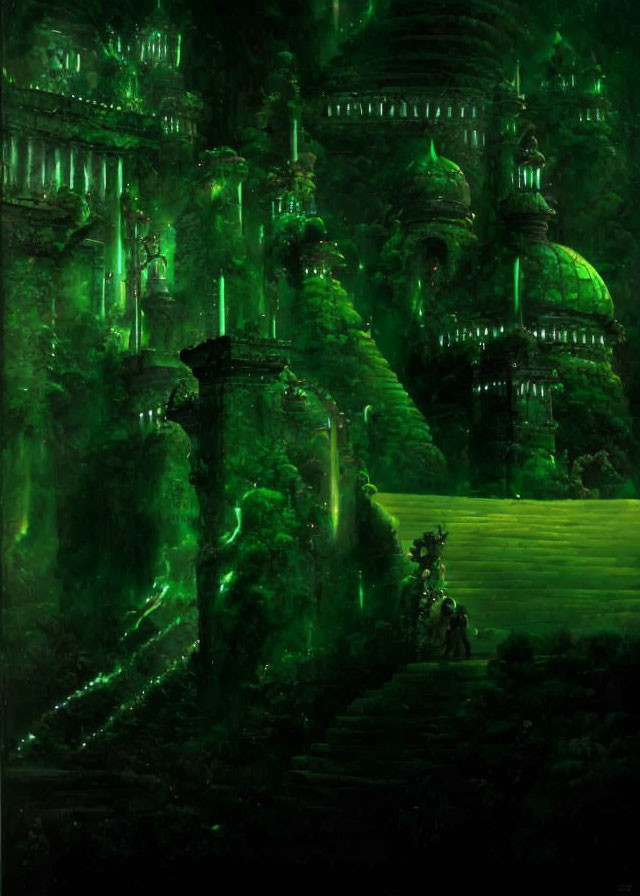 Ethereal green-lit fantasy city with spires, waterfalls, figures, and staircase.