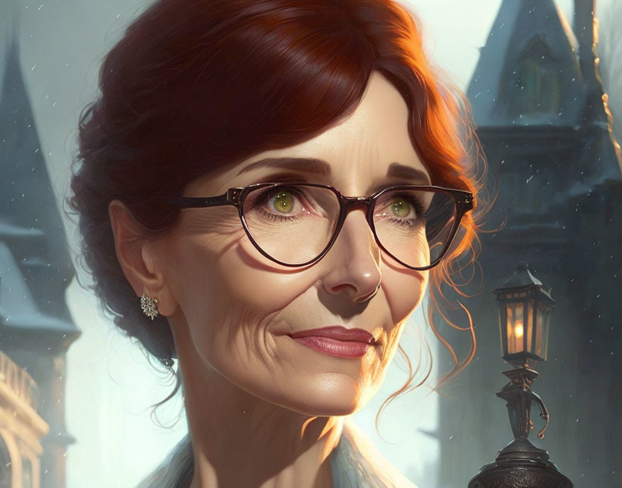 Smiling woman with glasses and green eyes in vintage urban setting