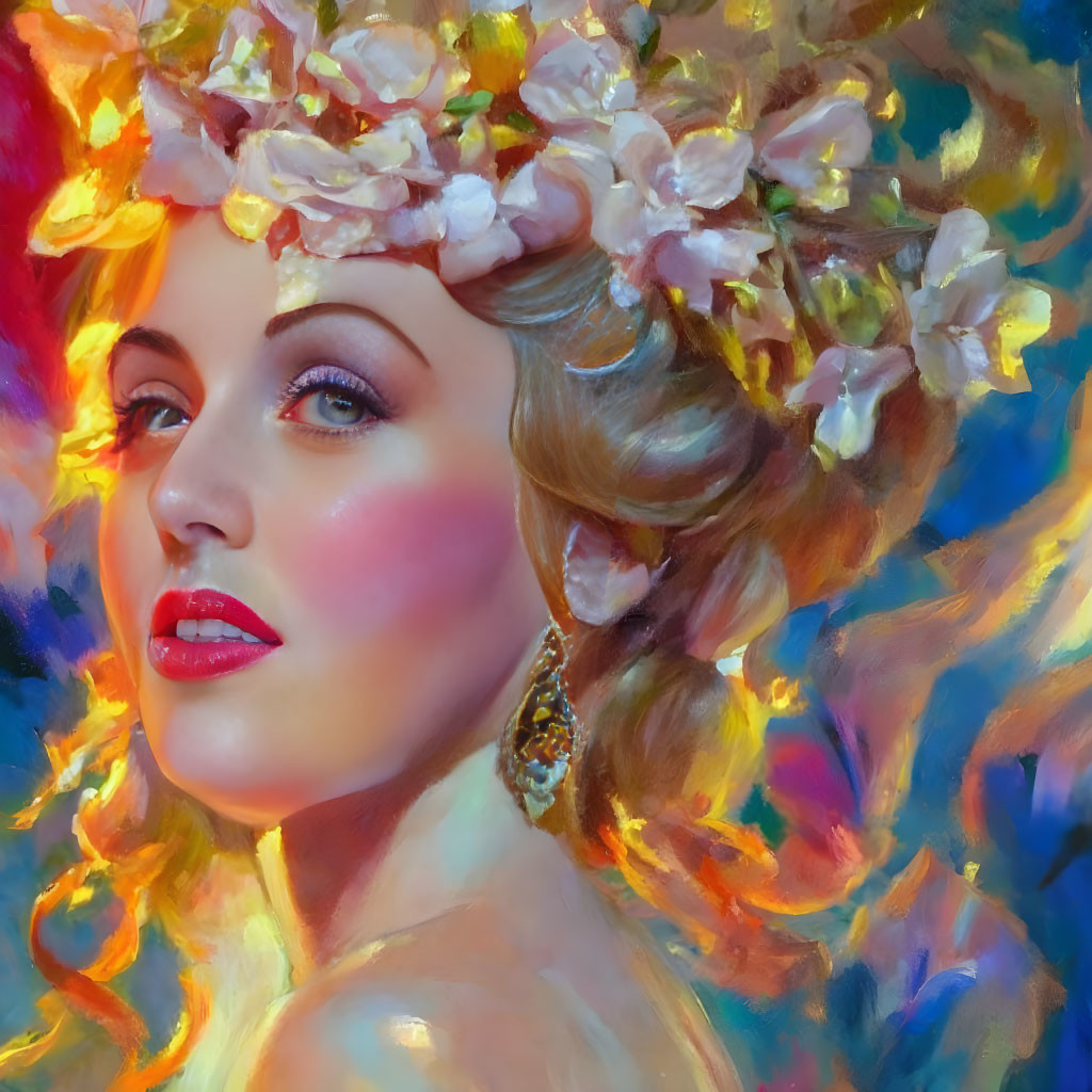 Colorful portrait of woman with floral crown and dreamy background