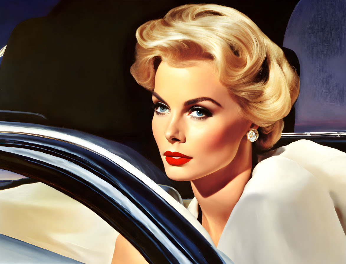 Vintage illustration of elegant blond woman in white attire, diamond earrings, sitting in car