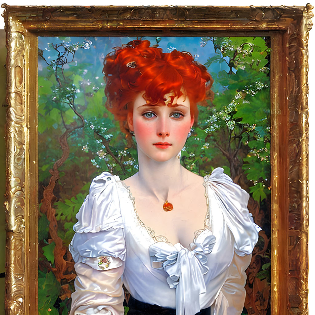 Red-Haired Woman with Blue Bow in White Blouse Painting on Ornate Frame