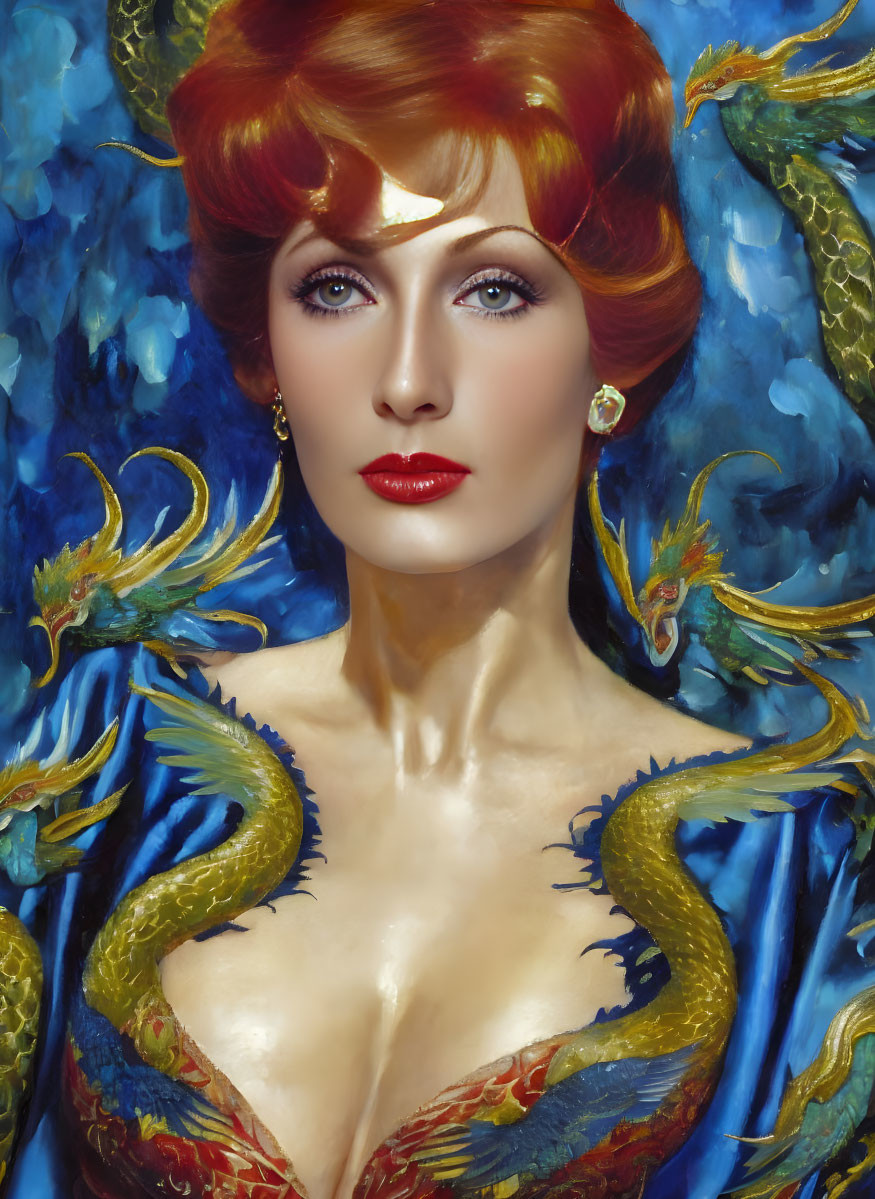 Portrait of a Woman with Red Hair and Blue Eyes Adorned in Gold Jewelry and Dragon Motifs