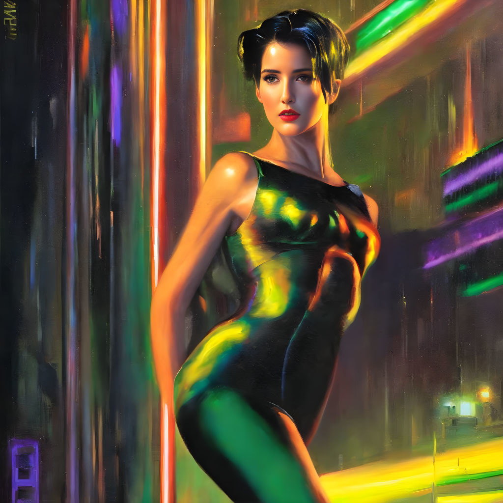 Stylized painting of woman in fitted dress against neon light backdrop