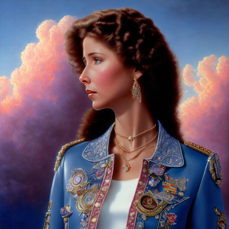 Portrait of Woman with Styled Hair and Ornate Earrings in Blue Jacket Against Pink Clouds