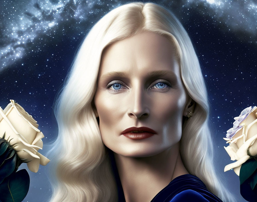 Portrait of woman with pale skin, blue eyes, platinum blonde hair, white roses, starry night