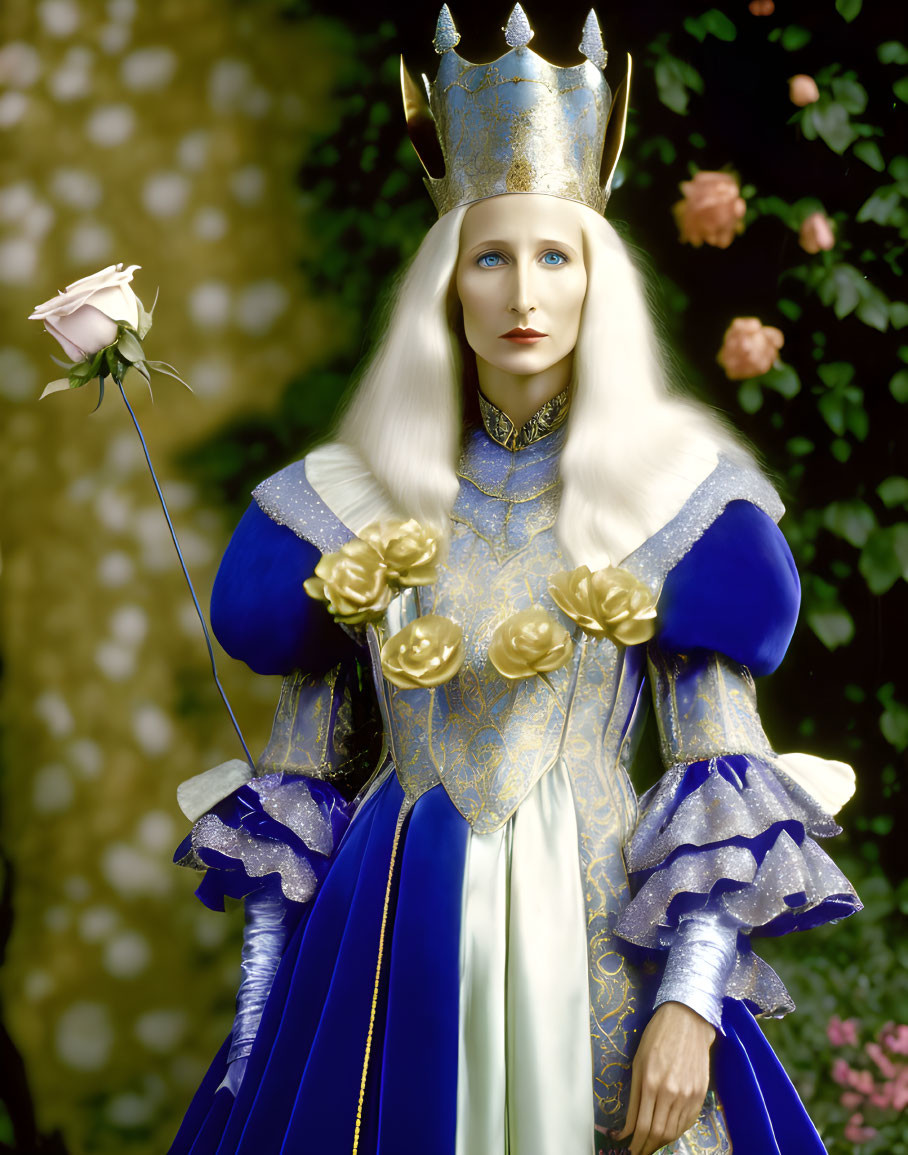 Medieval-style costume person with crown holding pink rose in floral backdrop