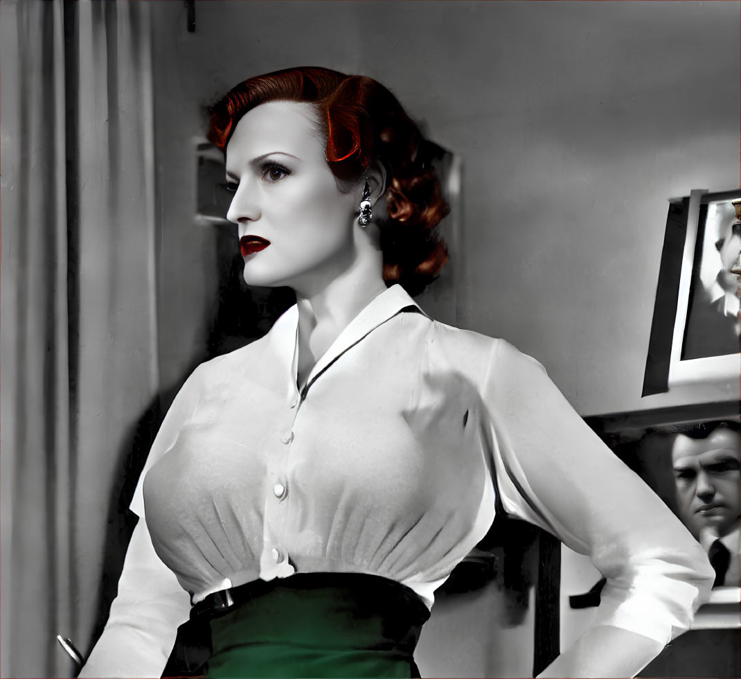 Vintage Black and White Photo Colorized with Red Hair and Green Sash