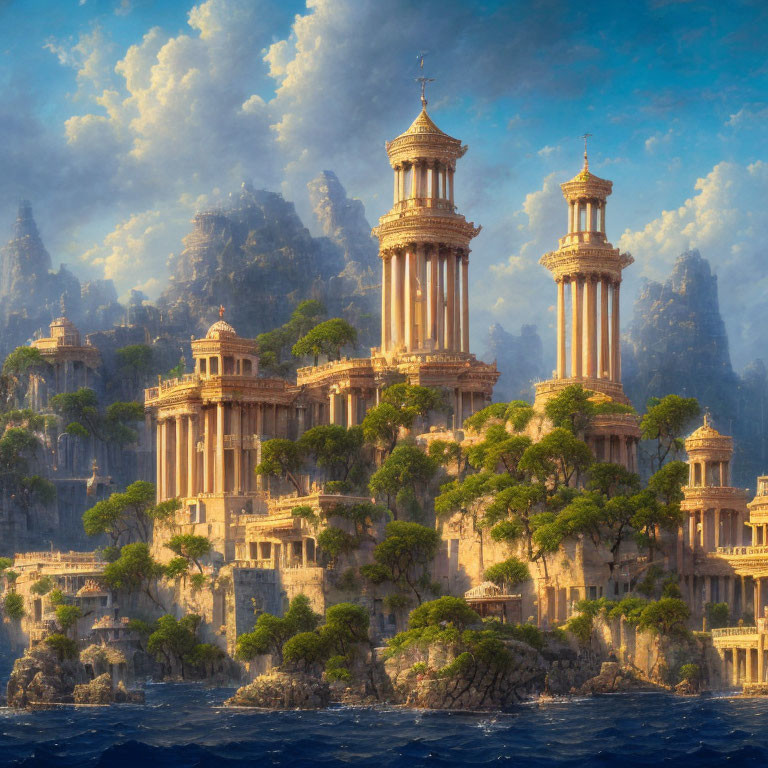 Ancient towers in lush island setting with dramatic sky & serene sea