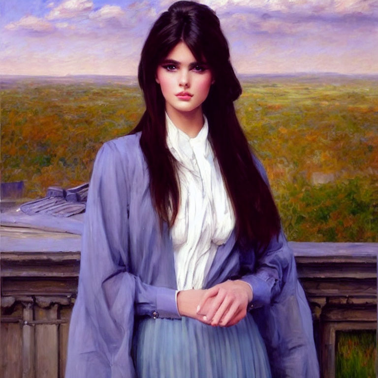 Portrait of Woman in Lilac Dress Against Pastel Landscape