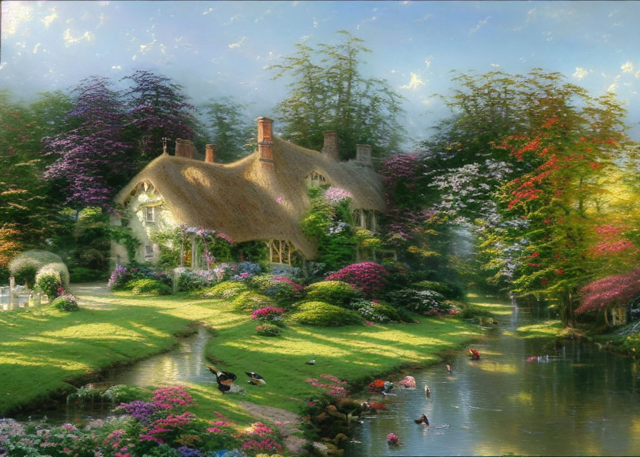 Quaint Thatched Cottage with Gardens, River, and Ducks