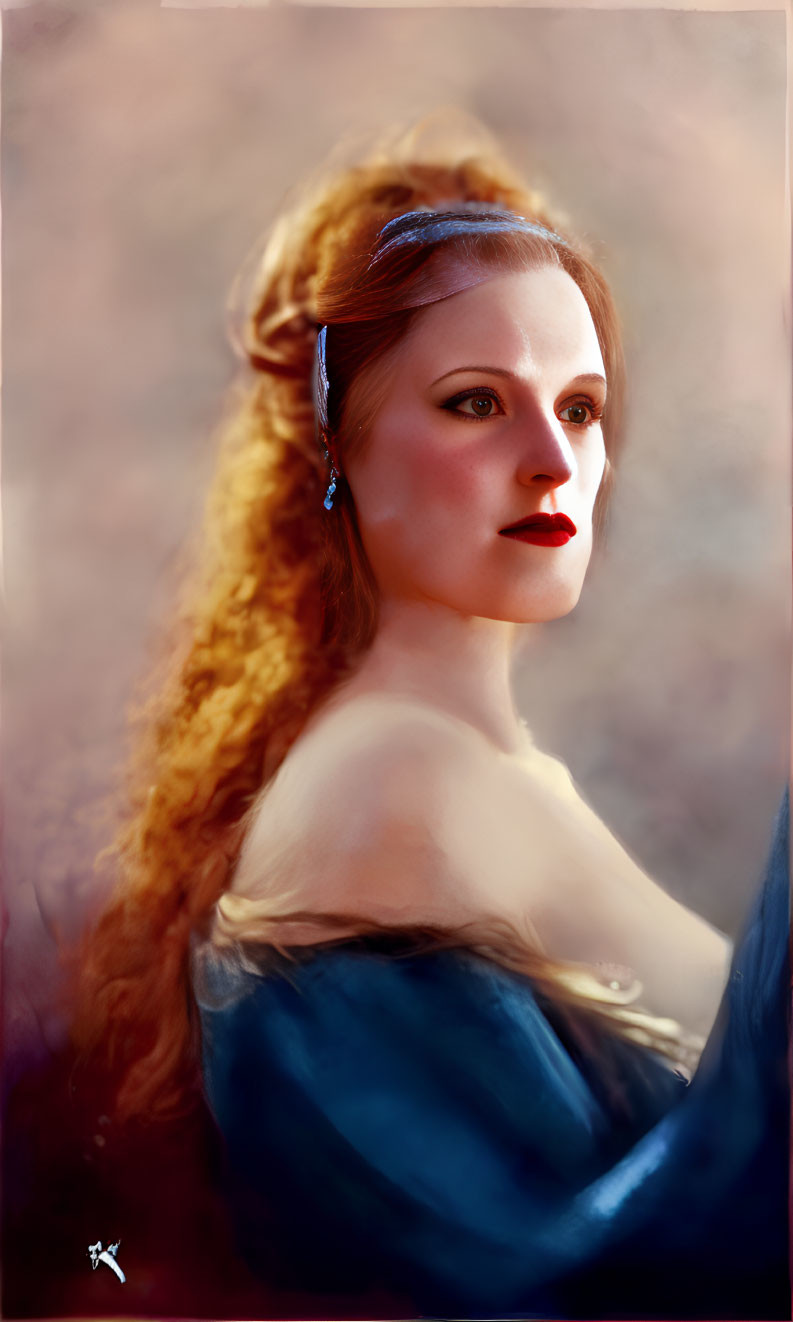 Digital portrait of woman with red hair in blue dress against soft background