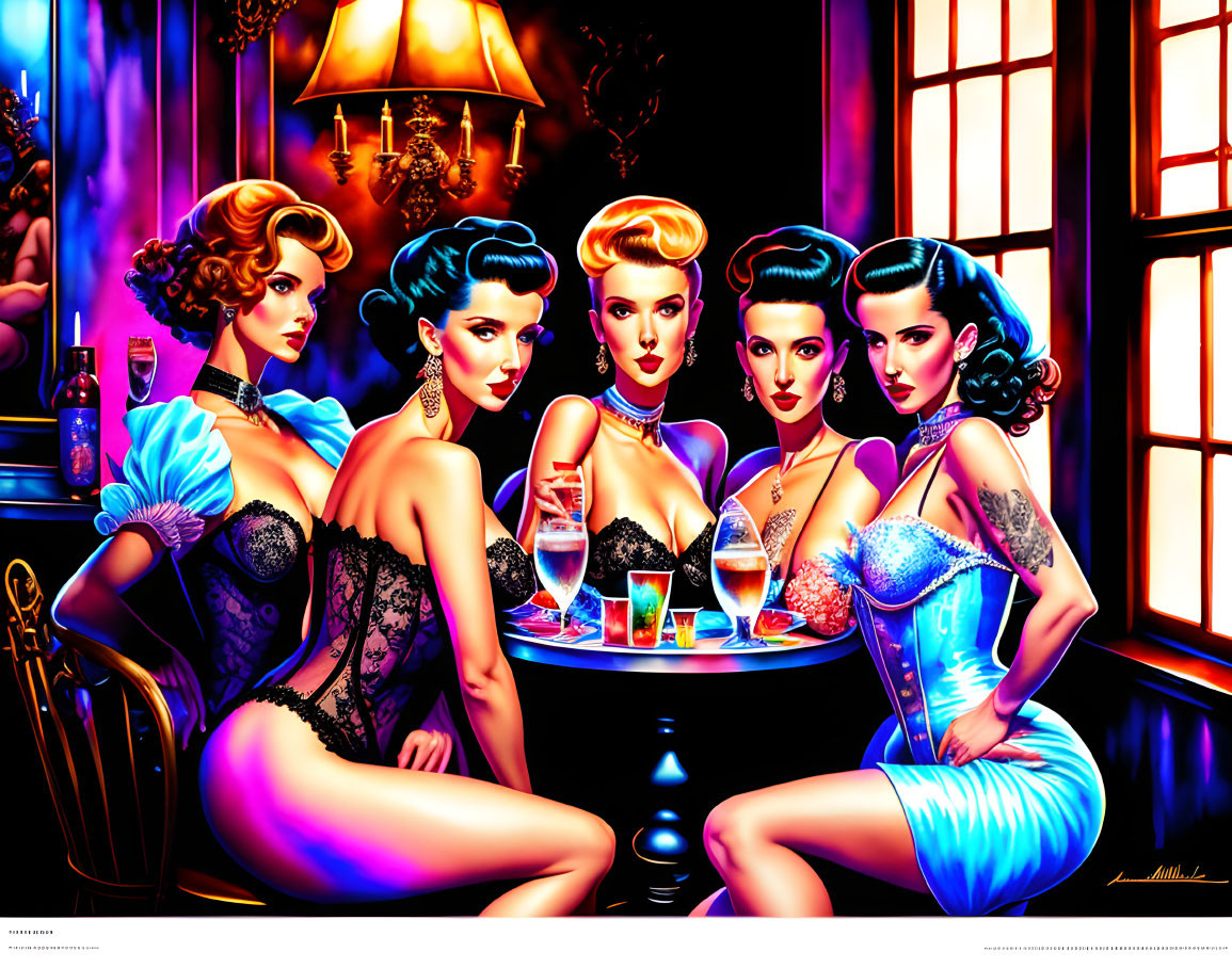 Five women in vintage attire at a table with drinks in a colorful, moody interior