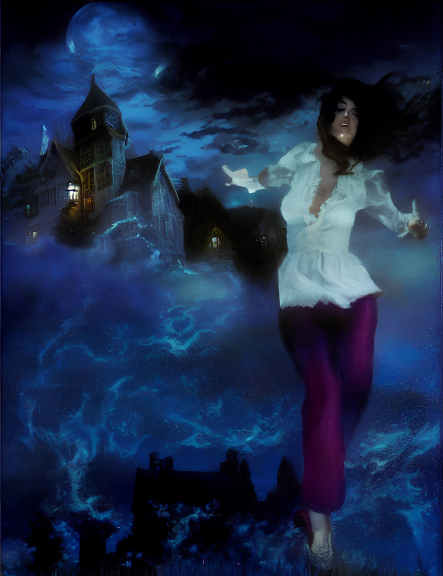 Woman floating above turbulent sea with glowing mansion under moonlit sky