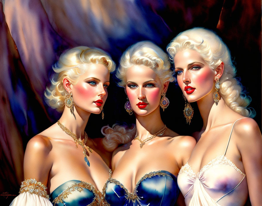 Stylized women with blond hair in luxurious attire on dark background