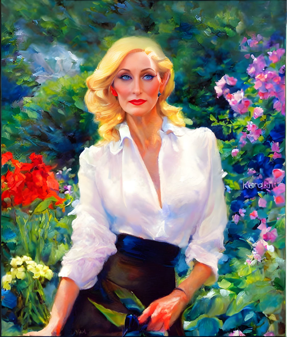 Blonde Woman in White Blouse Surrounded by Colorful Flowers