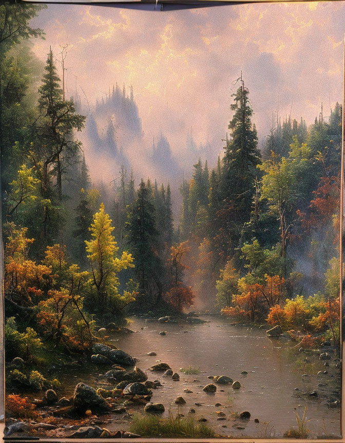 Tranquil forest landscape with misty river and autumn trees