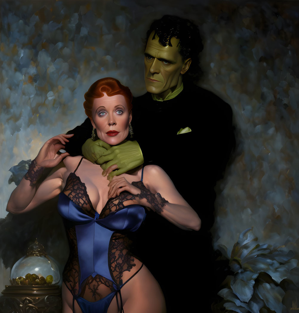 Woman in blue lace corset with Frankenstein's monster man in dim setting