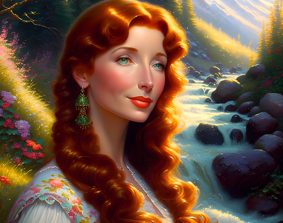 Illustration: Woman with red hair and green earrings in forest setting