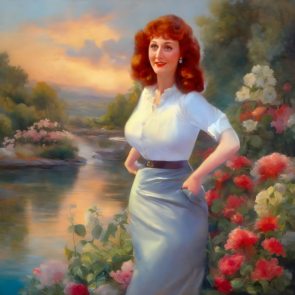 Smiling woman with red hair by river at sunset