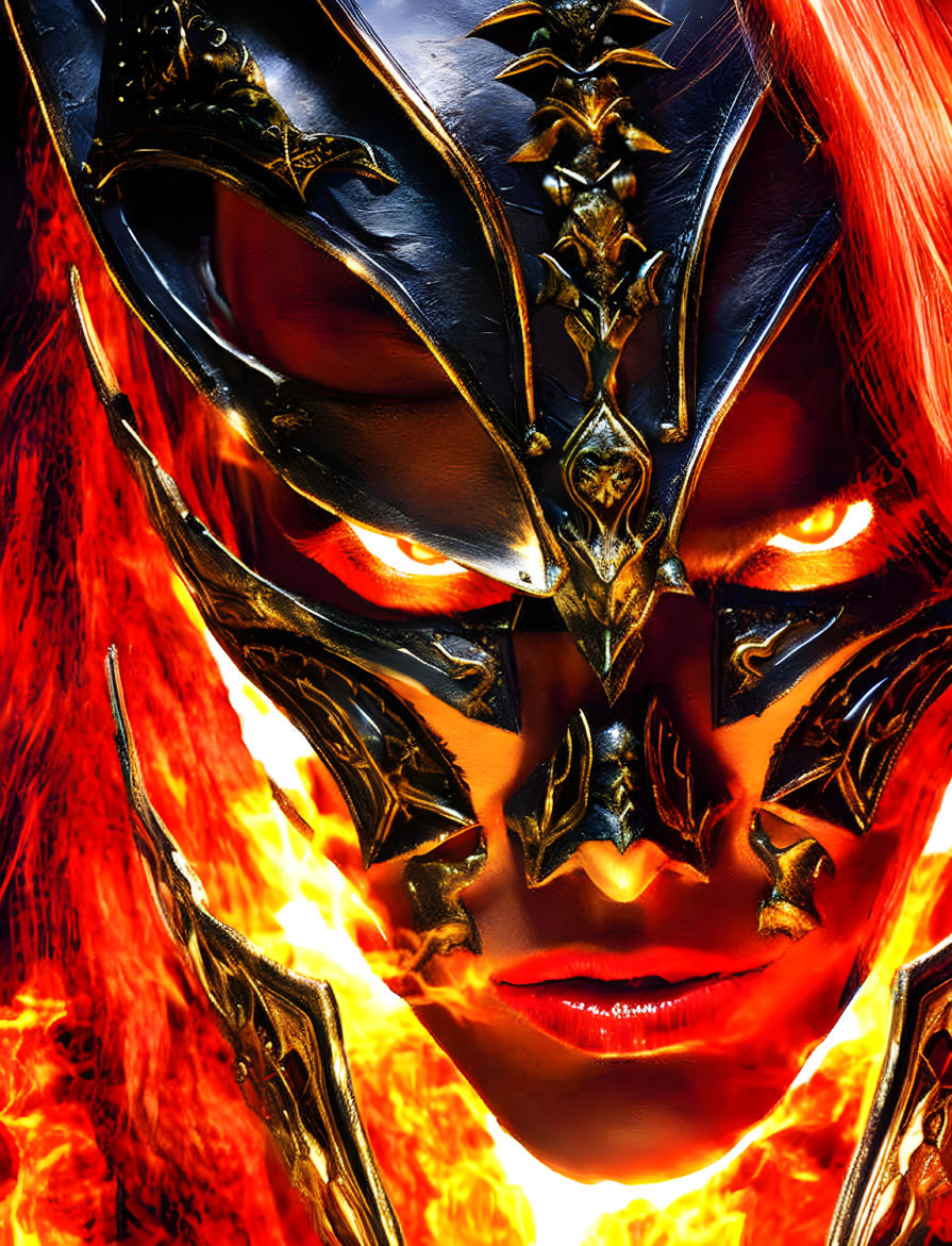 Fiery red-haired figure in black and gold mask emerges from flames