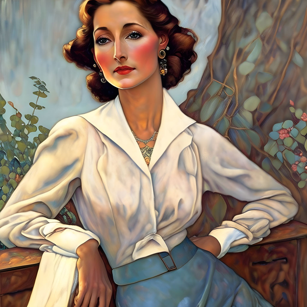 Vintage Portrait of Woman with Wavy Hair in White Blouse and Blue Skirt