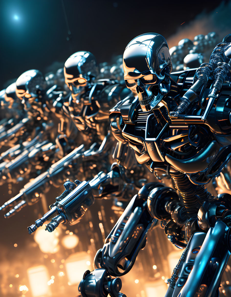 Detailed Robotic Figures with Futuristic Weapon in Glowing Lights