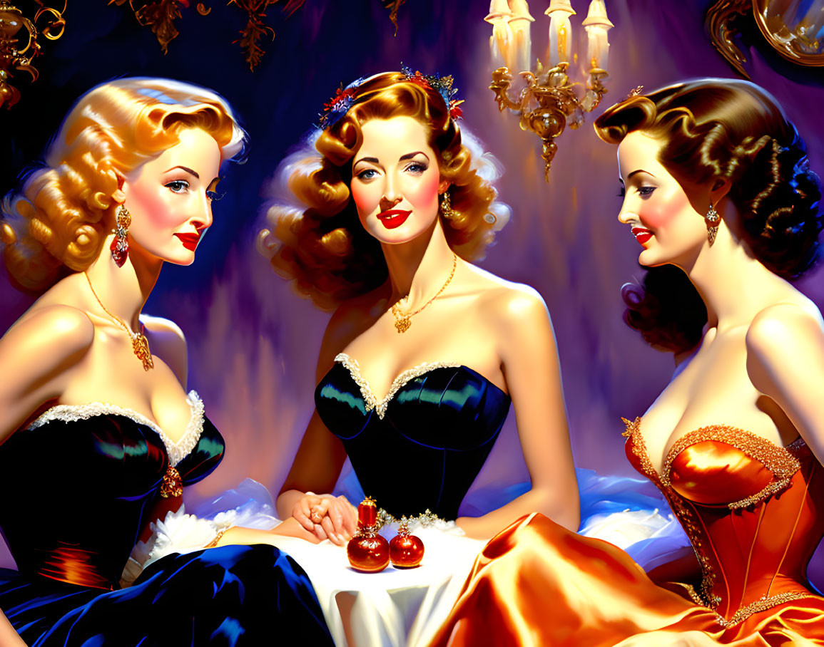 Vintage-Style Illustrated Women at Luxurious Table