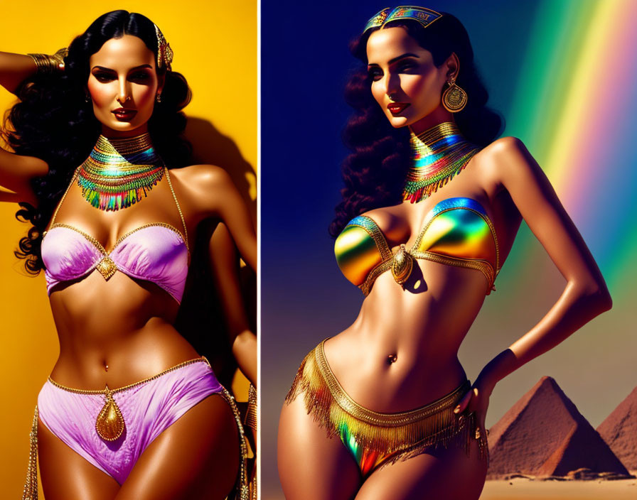 Vibrant Egyptian-inspired attire woman posing with pyramids and rainbow