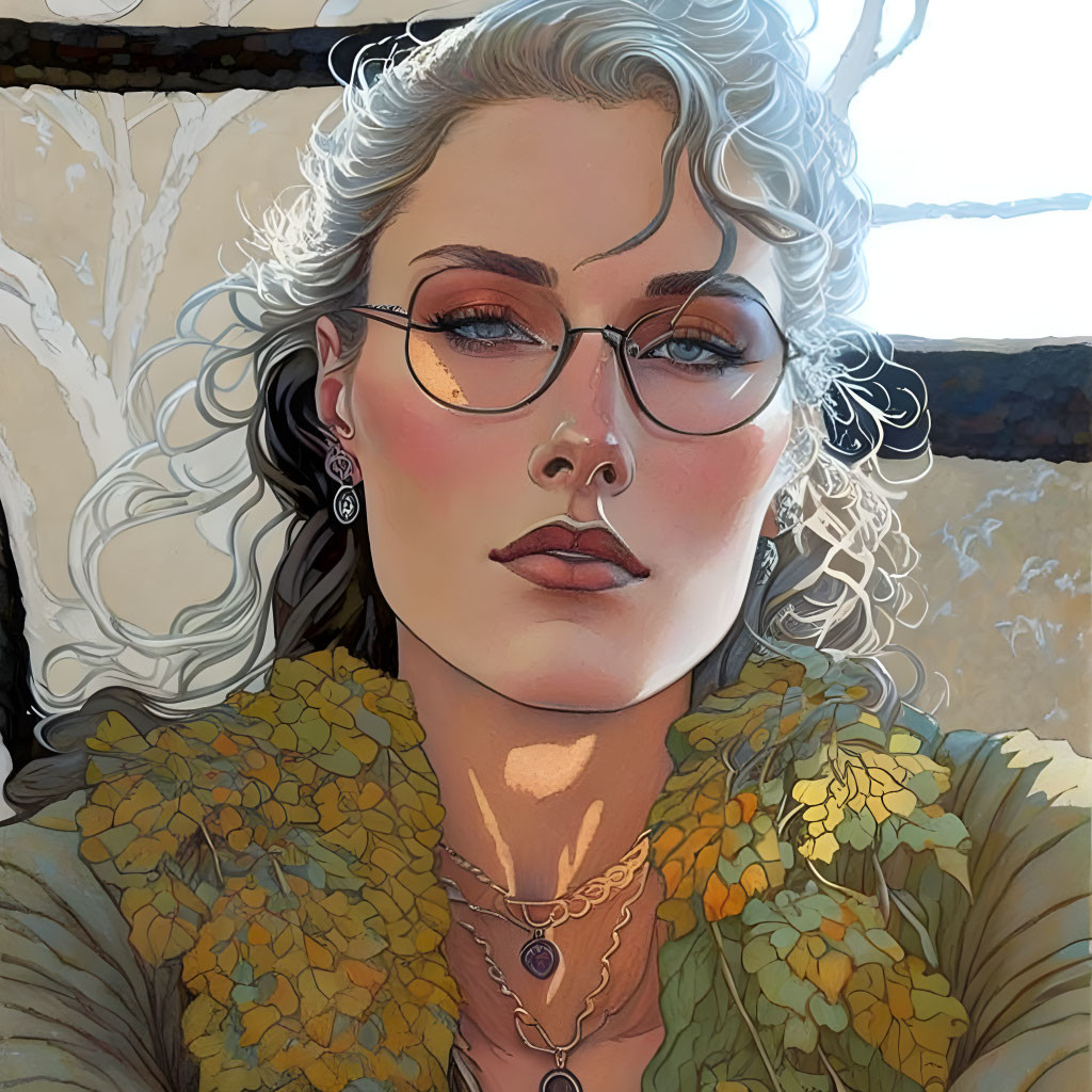 Portrait of woman with curly silver hair, round glasses, earrings, necklace, and yellow floral motif.