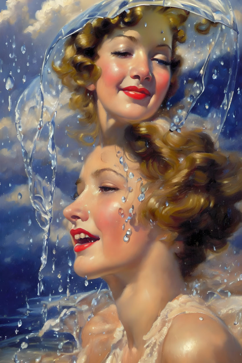 Vibrant painting: Two women laughing under clear umbrella with splashing water and sunlight.