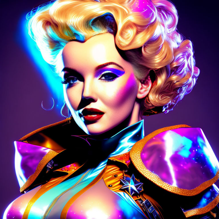 Colorful digital artwork of a retro-styled woman with futuristic jacket on purple backdrop.