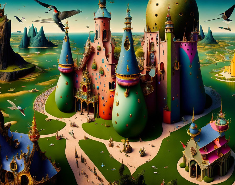 Colorful Whimsical Castles in Fantasy Landscape