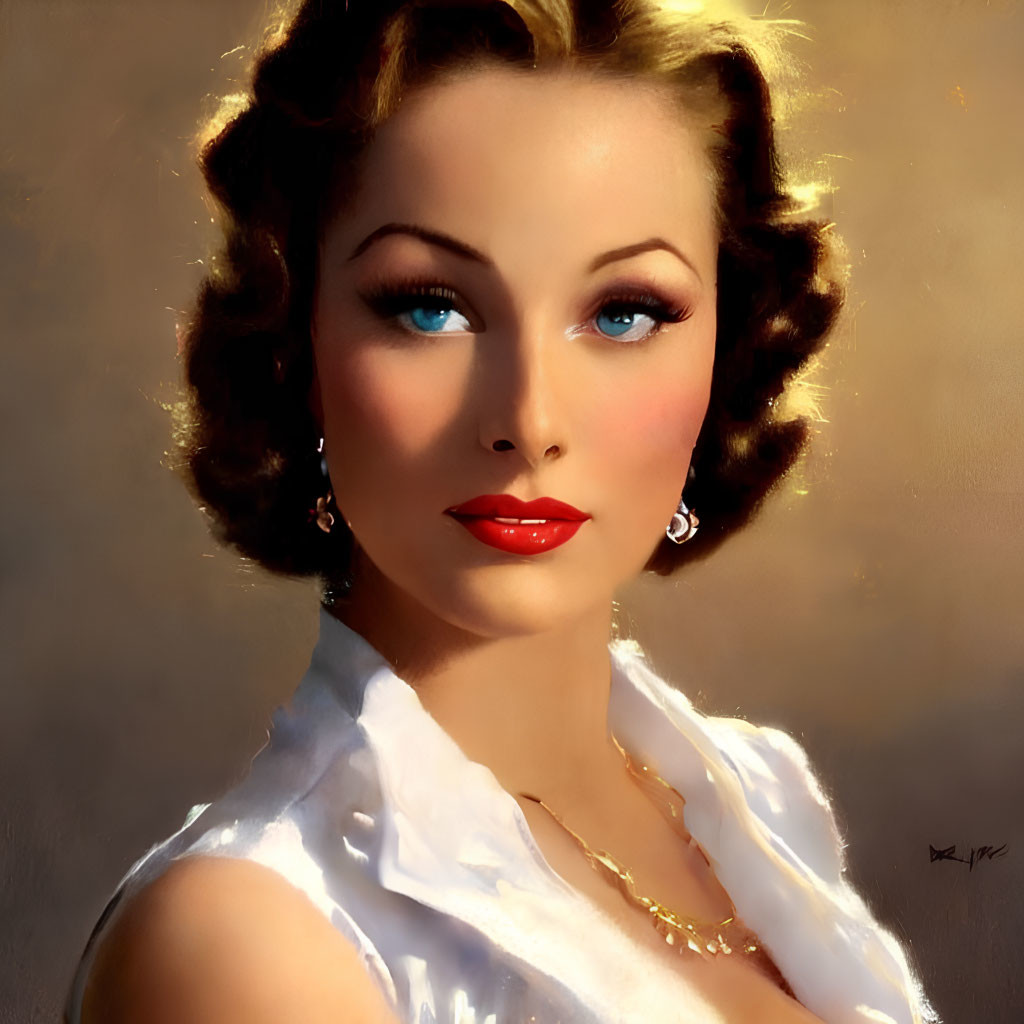 Portrait of a woman with blue eyes and red lipstick in white outfit, adorned with golden necklace against warm