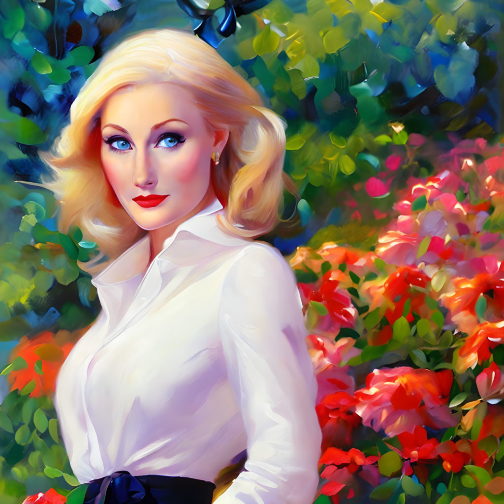 Blonde Woman in White Blouse with Blue Eyes in Colorful Floral Painting