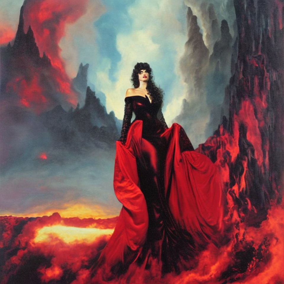 Woman in red gown in volcanic landscape with fiery lava and dark cliffs