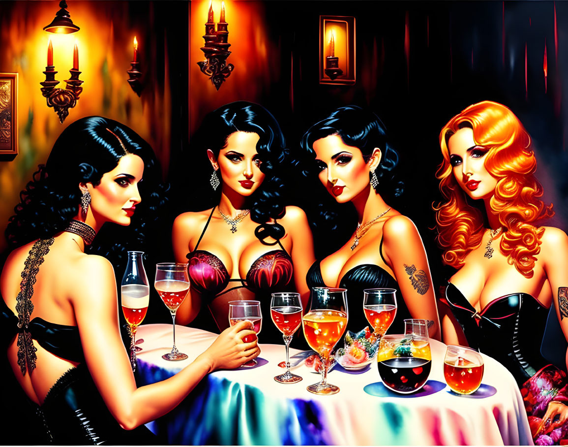 Four women with retro hairstyles and glamorous makeup in a richly colored, sultry setting.