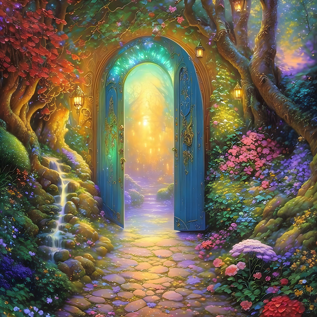 Mystical blue door on enchanting pathway with colorful flora