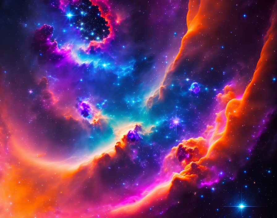 Colorful cosmic image with swirling purple and orange hues, featuring stars and nebulae.