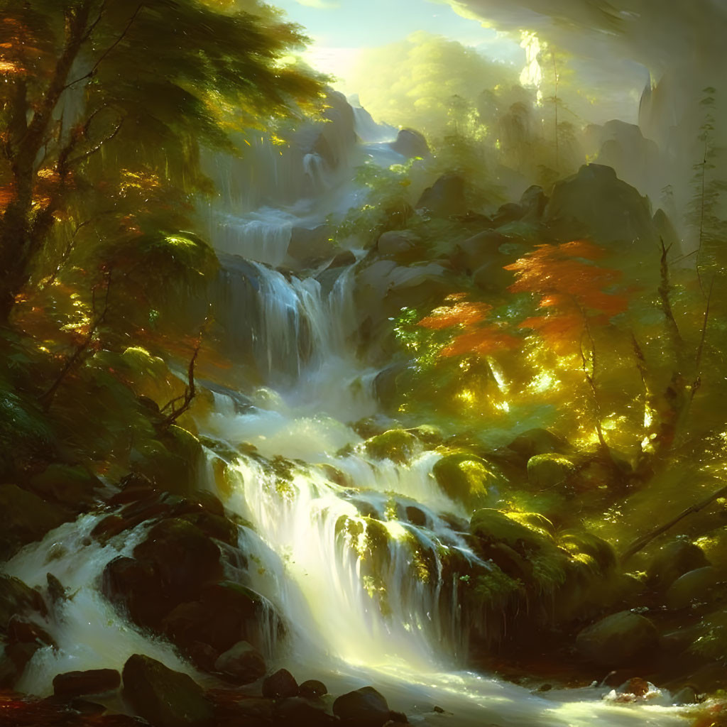 Scenic forest waterfall with sunlight, water, and rocks