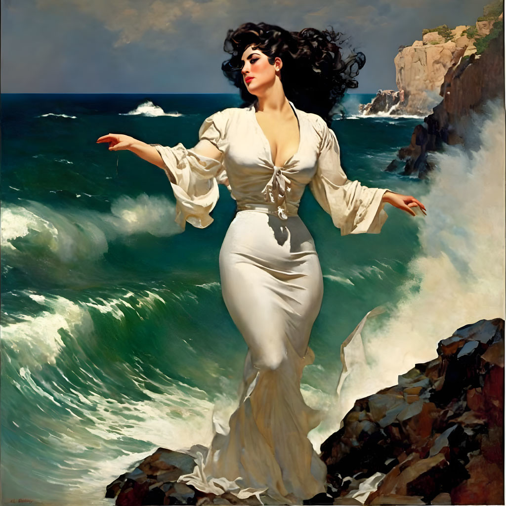 Woman in white dress on rocky shore with wind-blown hair and crashing waves